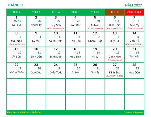 Lịch Vạn Sự Năm 2027 Excel 2