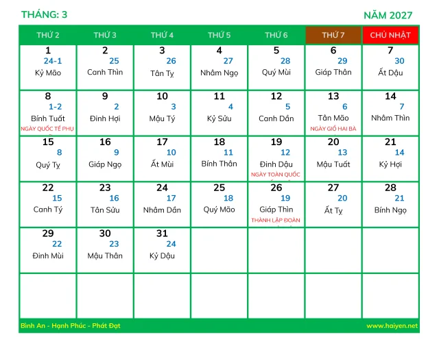 Lịch Vạn Sự Năm 2027 Excel 3