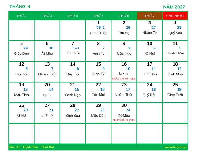 Lịch Vạn Sự Năm 2027 Excel 4