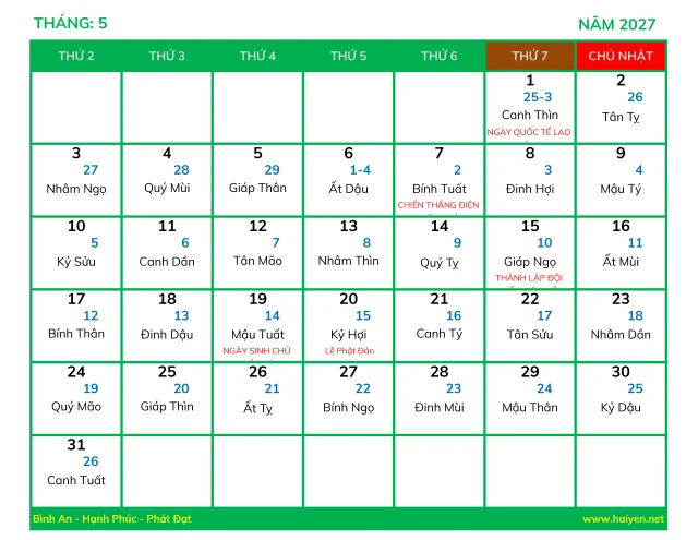 Lịch Vạn Sự Năm 2027 Excel 5