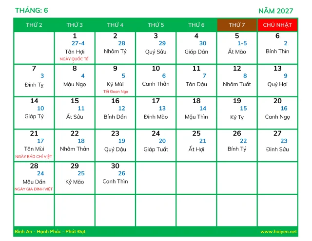 Lịch Vạn Sự Năm 2027 Excel 6